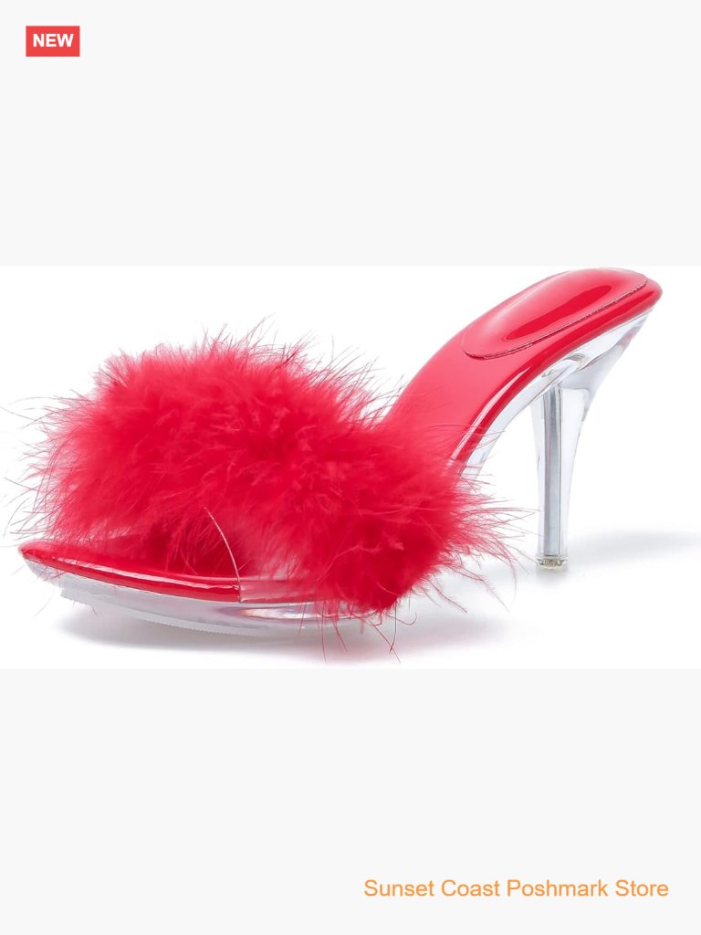 Fuzzy Clear Heels Pointed Toe Stilettos Mules Sandals Fluffy Feather Slip On